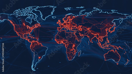 An abstract neon world map glows with vibrant colors and light trails, highlighting global connections, digital networks, and the futuristic fusion of geography and technology in a modern world.

 photo