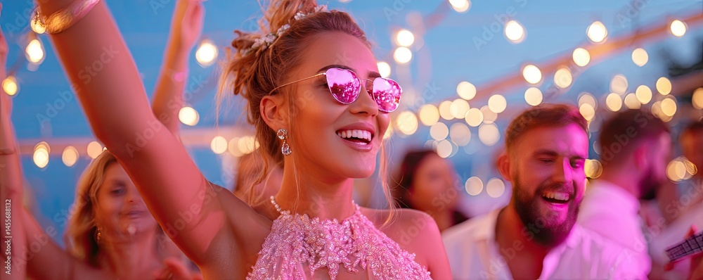 Fototapeta premium Celebration with friends, vibrant atmosphere, joyful expressions, and twinkling lights.