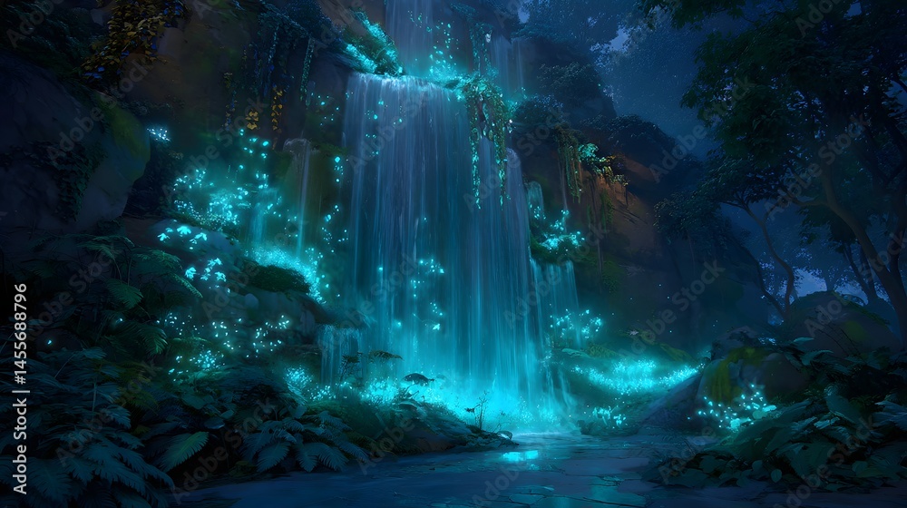 Fototapeta premium A Magical Waterfall in a Fantasy Forest with Glowing Blue Lights Creates an Enchanting and Beautiful Wallpaper Scenery Picture