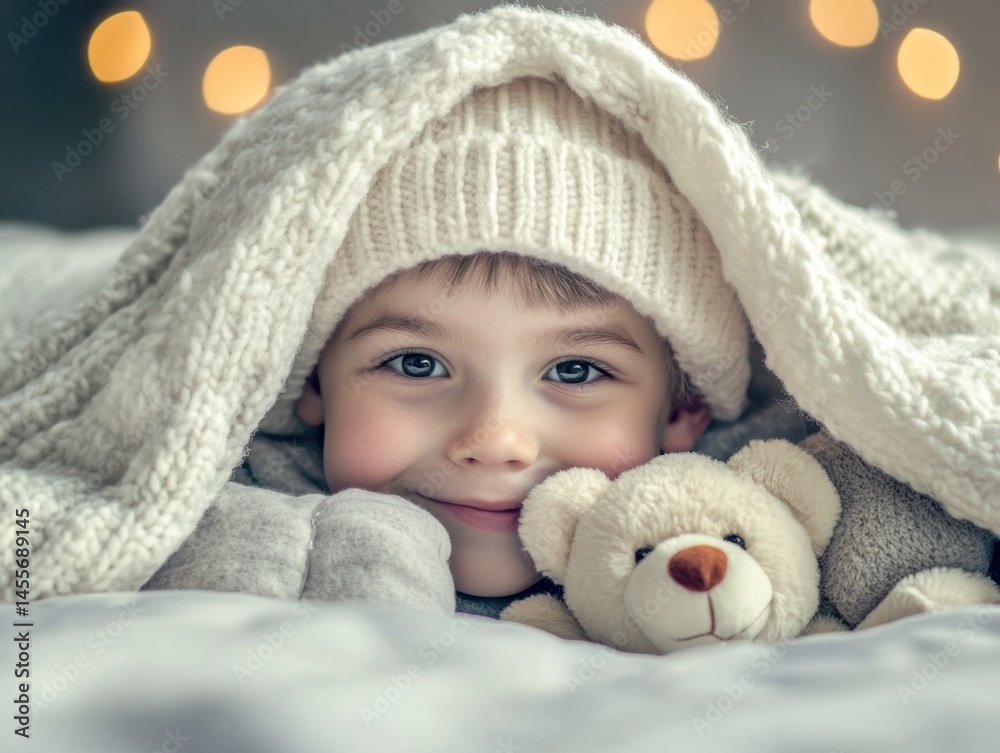 Adorable Little Boy with Teddy Bear Peeking from Under Cozy Blanket in Soft Warm Light Adorable Little Boy with Teddy Bear Peeking from Under Cozy Blanket in Soft Warm Light