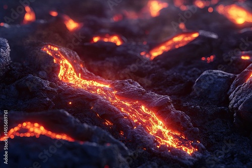 Molten Lava Flowing Over Volcanic Rocks photo