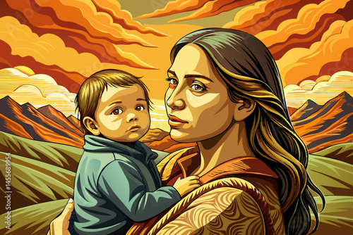 Mother holding infant baby in arms, capturing love, happiness vector, and strong family bond. Ideal for parenting, fatherhood, family lifestyle, and happy childhood themes