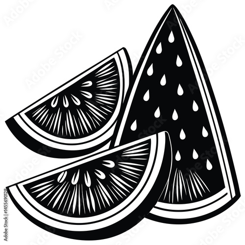 Black and White Watermelon and Orange Slices Illustration