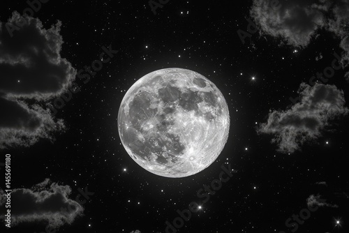 Full moon, clear night sky, dotted with stars, and wispy clouds.  A bright, round, detailed moon is central, surrounded by a myriad of stars, and a few soft, dark clouds float on the edge