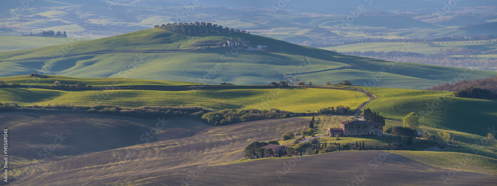 Italy,Tuscany-Val d'Orcia: rolling hills among vineyards and medieval villages