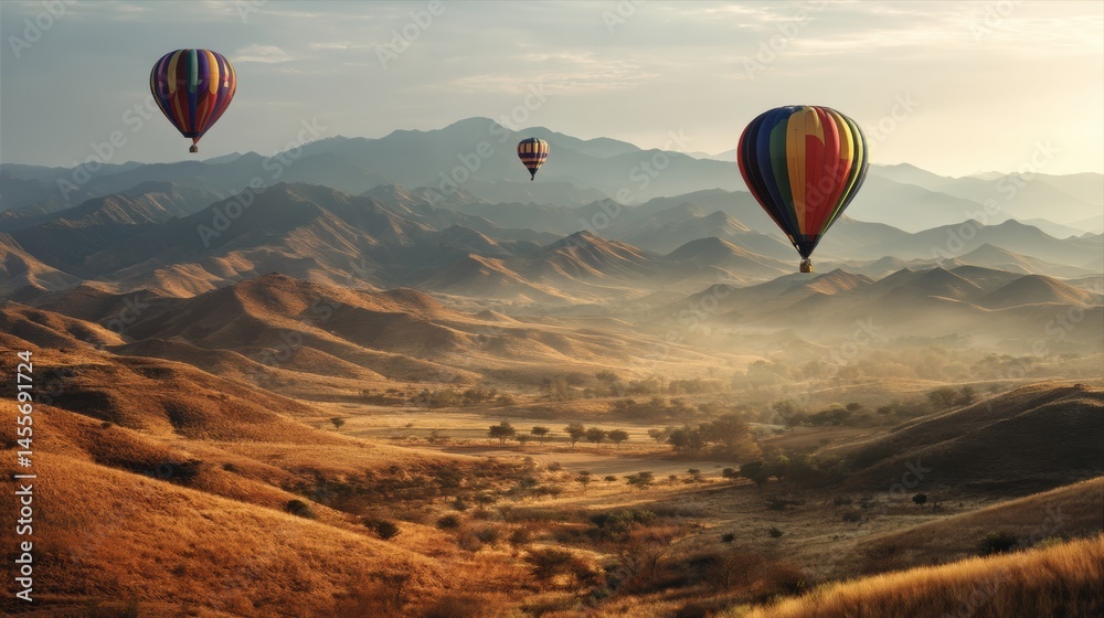 Naklejka premium Hot Air Balloons Drift Serenely Over Picturesque Desert Mountains During the Enchanting Golden Hour Generative AI