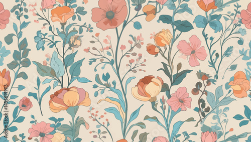 Art nouveau floral seamless background in soft pastel tones