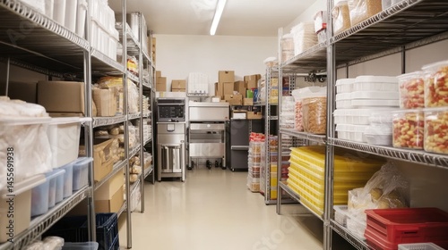 Organized commercial food storage room with metal shelving units and various containers