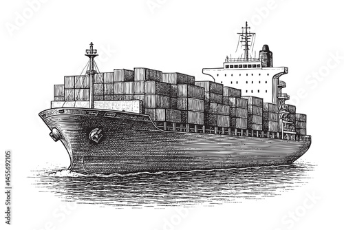 Container cargo ship woodcut engraving vector illustration