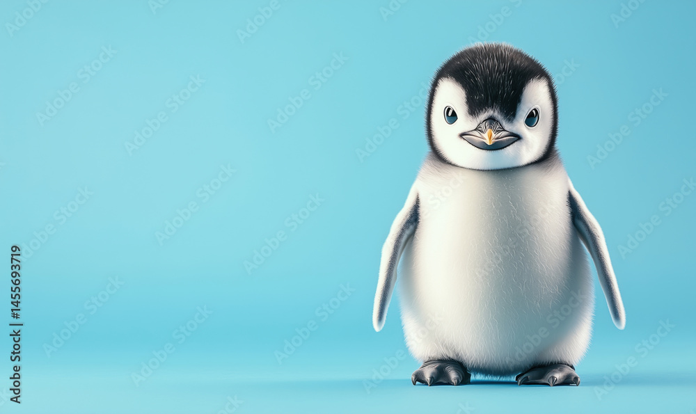 Fototapeta premium Cute baby penguin standing against a light blue background with a charming expression.