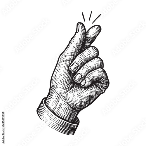 snapping finger gesture woodcut engraving vector illustration