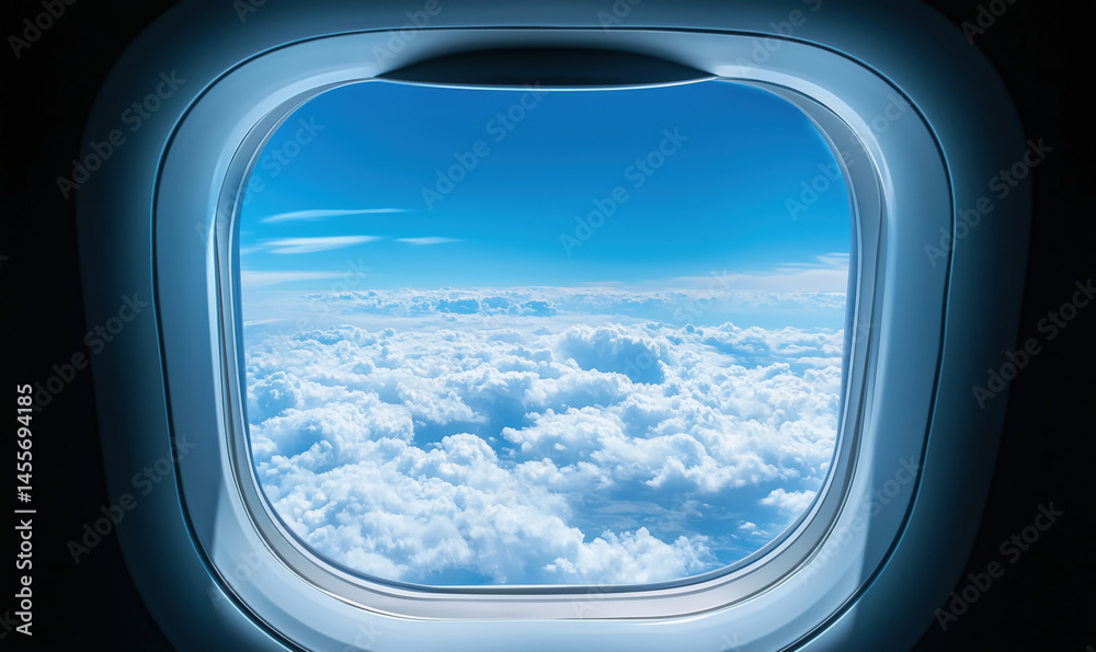 Airplane window view showcasing beautiful clouds and blue sky during flight. Airplane window view showcasing beautiful clouds and blue sky during flight.