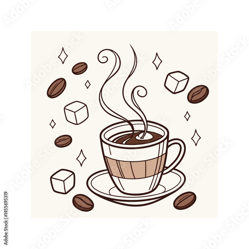 3D vector illustration of a coffee cup with steam, coffee beans, and floating sugar cubes, soft lighting