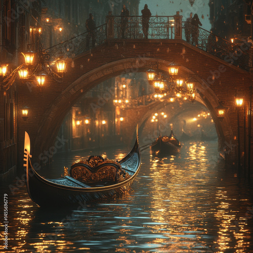 Venice canal at night: Gondola gracefully glides past old buildings illuminated by soft lights, reflecting on calm waters under a starry sky.