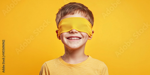 Smiling boy with yellow blindfold against bright yellow background.