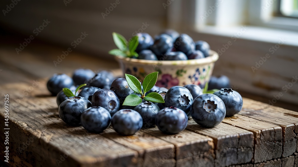 Fresh blueberries spilling from a floral bowl onto weathered woo Fresh blueberries spilling from a floral bowl onto weathered woo