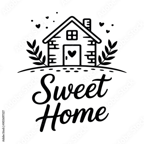 Minimal black sweet home vector with hand-drawn house and cursive text