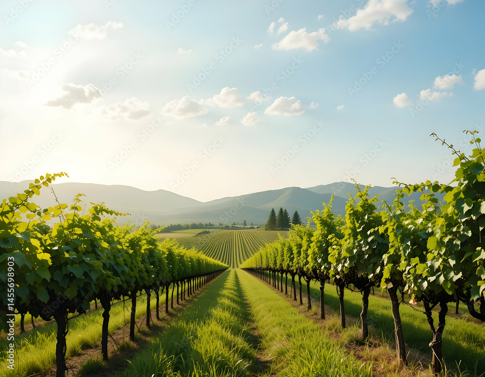 Naklejka premium Vineyard Rows Stretching to Distant Mountains on Sunny Day