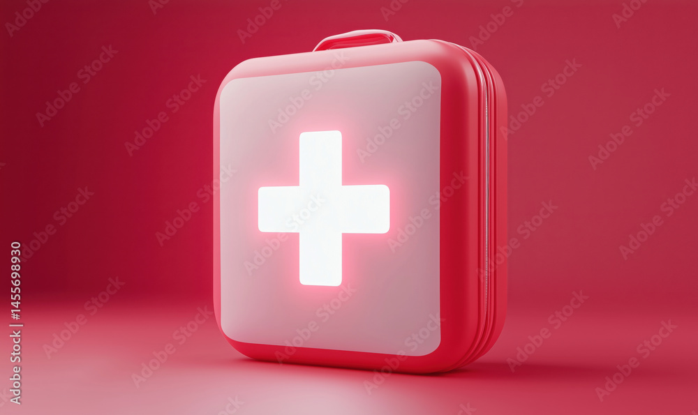 Obraz premium Red first aid kit with glowing cross symbol on pink background for emergency preparedness.