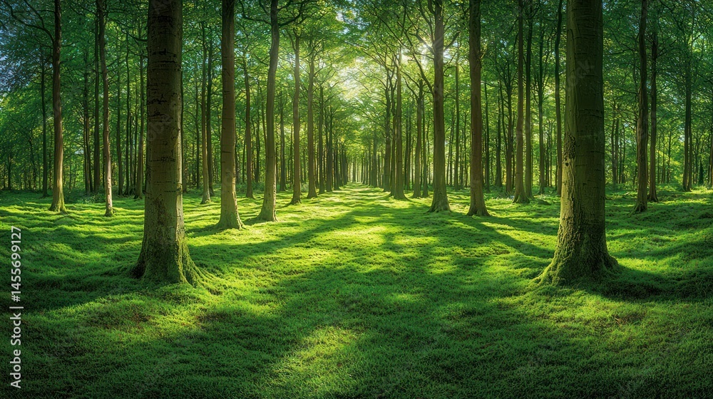Obraz premium Serene Woodland Scene with Sunlight Filtering Through Lush Green Trees