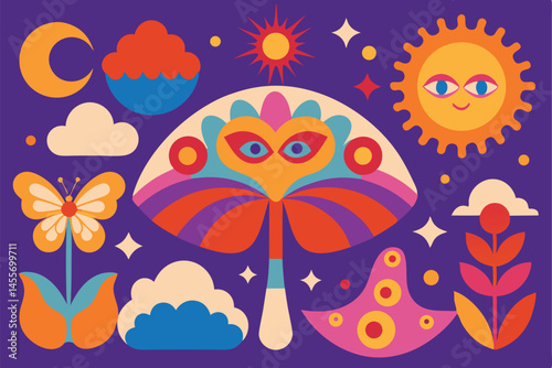 Groovy Retro Sun, Mushroom, and Flower Illustration