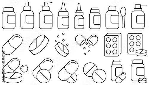 An illustration of various pharmaceutical bottles and pills for healthcare and wellness topics
