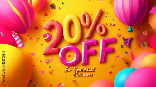 Colorful Celebration Banner Promoting 20 Percent off for Special Customers Featuring Balloons and Confetti in Vibrant Colors
