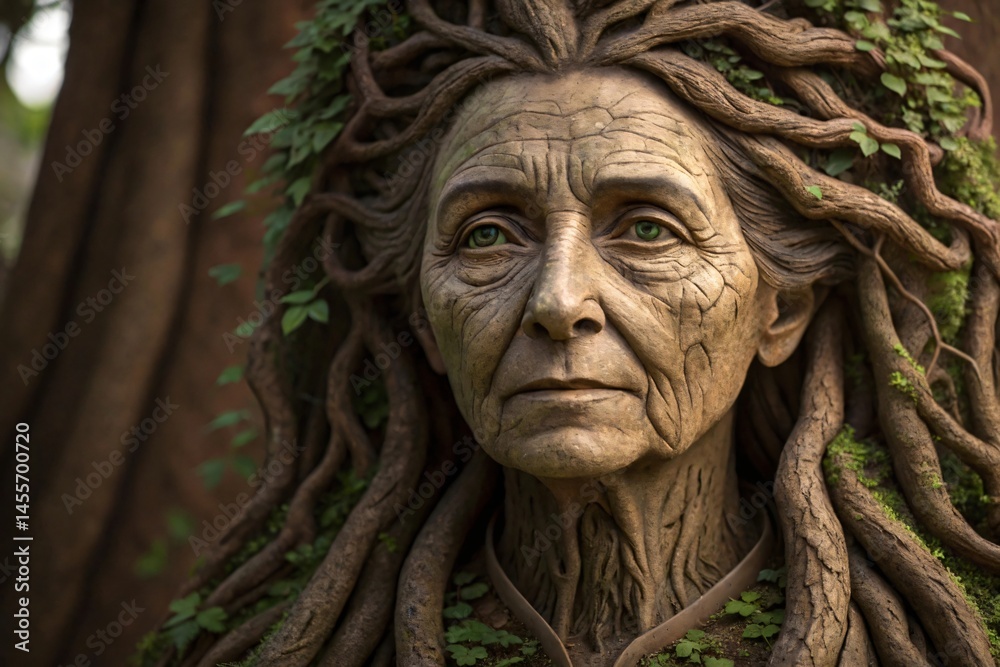 Ancient Stone Woman Sculpture Nature Roots Mystical Forest Detailed Texture Earth Tones Ancient Stone Woman Sculpture Nature Roots Mystical Forest Detailed Texture Earth Tones
