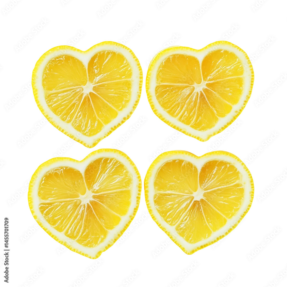 Four Heart Shaped Lemon Halves on a White Background, Beautiful Arrangement transparent background Four Heart Shaped Lemon Halves on a White Background, Beautiful Arrangement transparent background