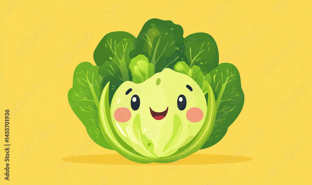 Fototapeta premium Cute cartoon cabbage character with smiling face and vibrant green leaves.
