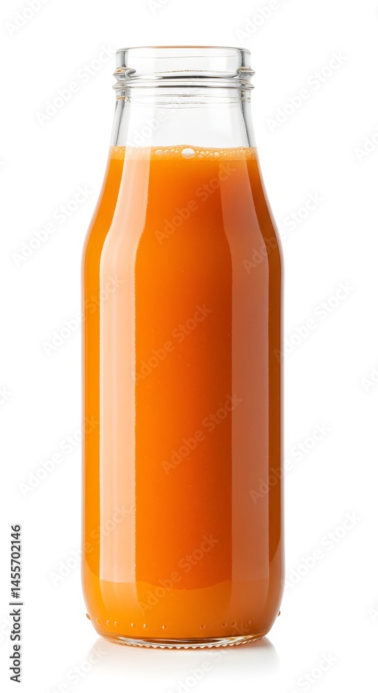 Freshly squeezed carrot juice in a glass bottle on a white background Freshly squeezed carrot juice in a glass bottle on a white background