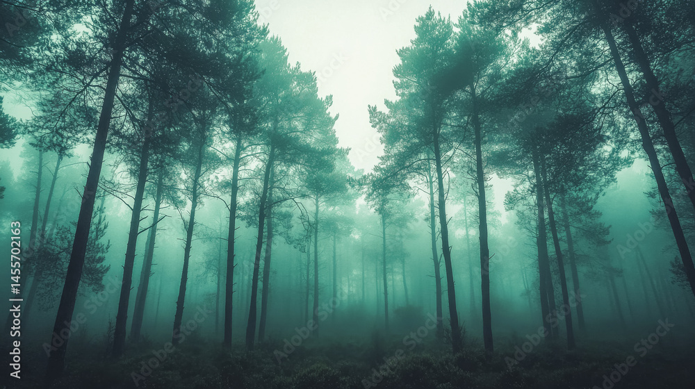 Naklejka premium Tranquil misty forest scene with tall pines in soft light
