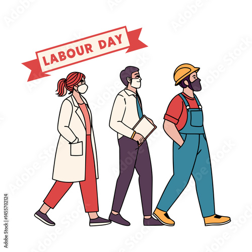 A Group of People in different Professions. Construction worker, Female Doctor, Policeman, Chef woman, Fireman standing together celebrate Labour day