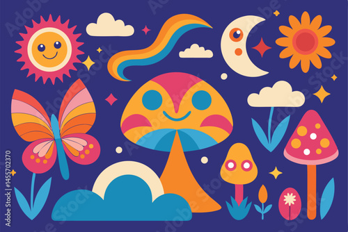 Groovy Retro Sun, Moon, and Mushroom Illustration