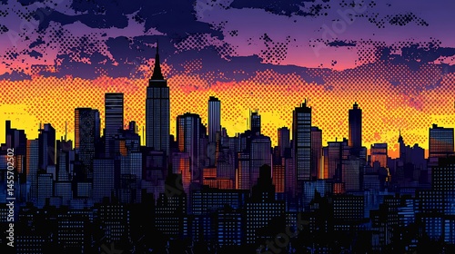 Vibrant Cityscape Sunset Skyline Urban Modern Buildings Illustration art pop pink blue dark view    