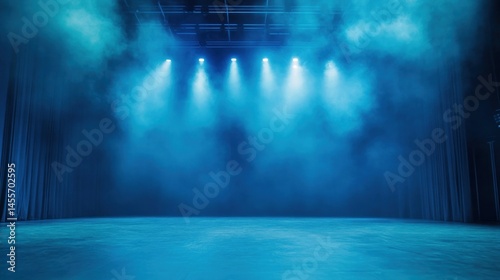 Blue Stage Lights and Smoke: Empty Theater Ready for a Performance