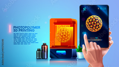 Photopolymer 3d printer on desk printed model. Maker hold tablet in hand with model on screen. Man control 3d printing on farm of 3d printers. Polymer resin bottles of prototyping on 3d printer.
