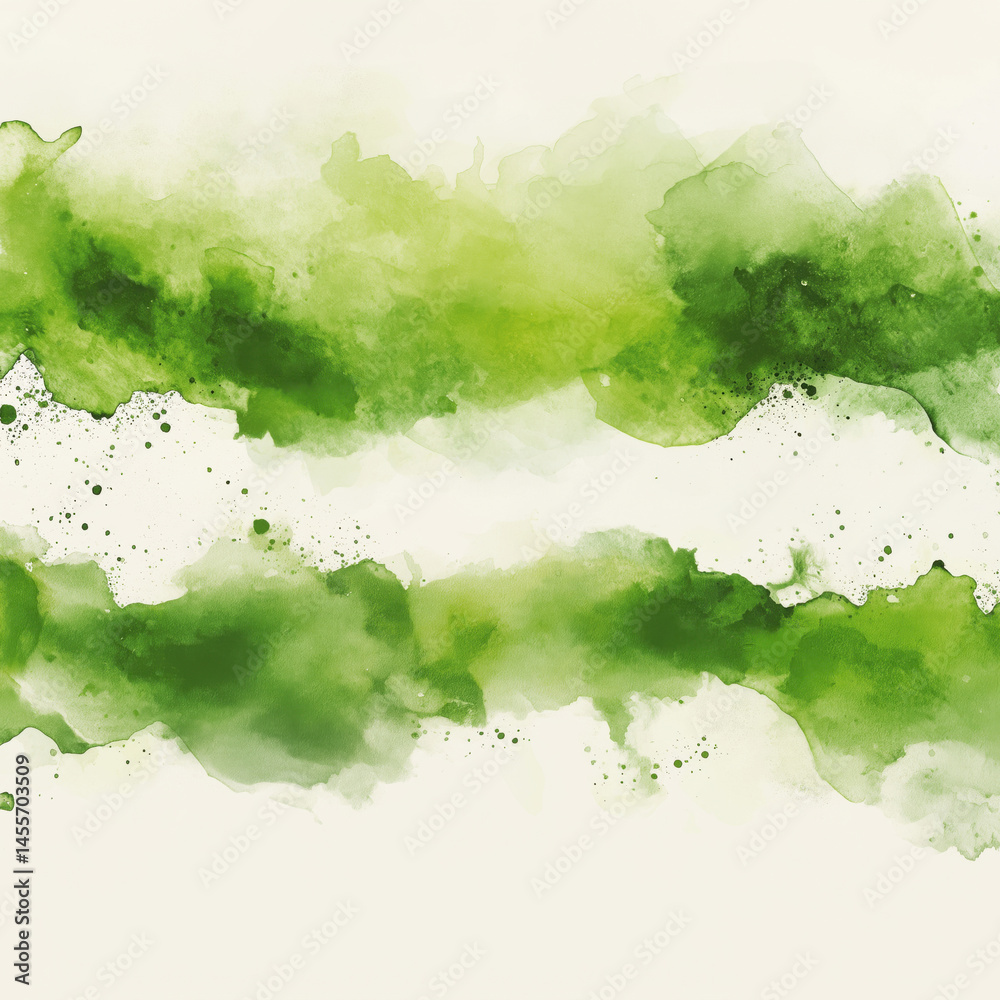 Obraz premium Abstract green watercolor background with soft brush strokes and splashes.
