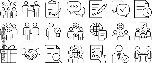 Partnership Line Editable Icons Set – Vector Icons in Modern Thin Line Style Featuring Business Collaboration, Agreements, Conversations, and Documentation