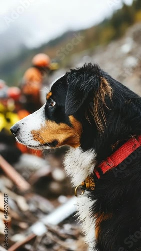 A rescue dog stands alert while search and rescue teams work diligently in the mountainous terrain