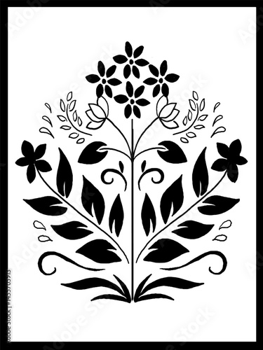 Elegant Black Floral Design Featuring Ornamental Plant Patterns with Various Leaves and Flowers