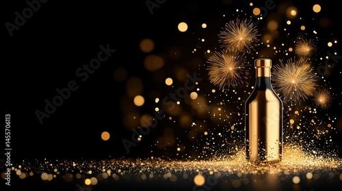 Bottle of champagne with fireworks and golden bokeh on a black background for celebration and festive occasions
