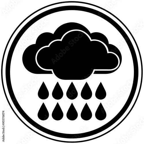 Rain Cloud Icon with Drops in Black and White Style  