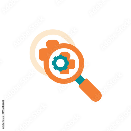 Magnifying glass with gear symbolizing search and analysis  