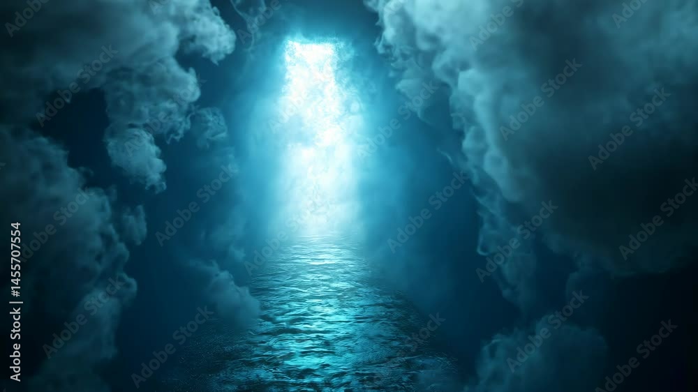 Glowing portal within a smoky, ethereal tunnel.  A path leads to a bright, otherworldly light