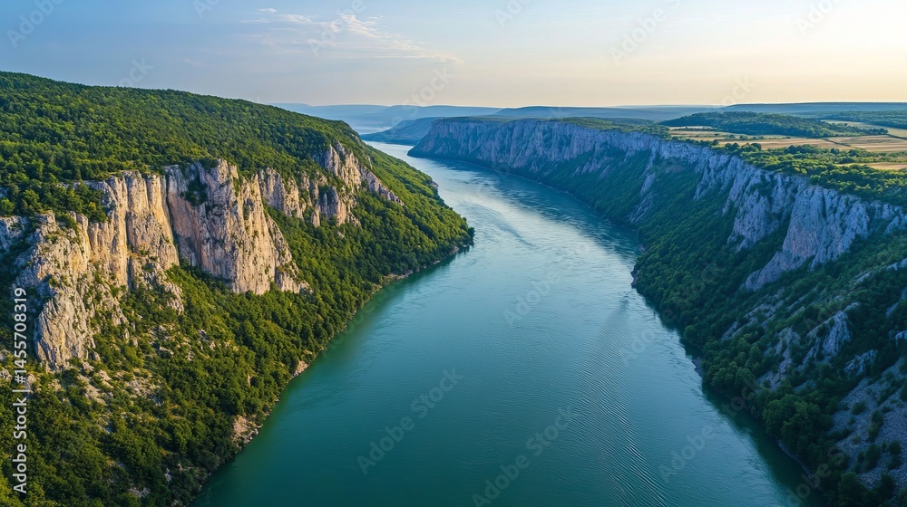 Naklejka premium Breathtaking View of Danube River Winding Through Dramatic Cliffs in a Serene Landscape During Daylight Hours