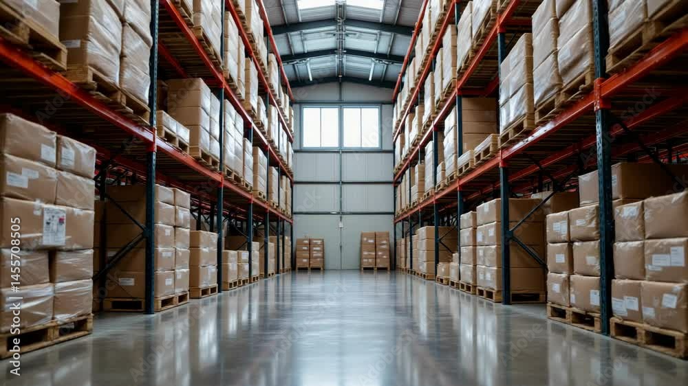 Rows of stacked cardboard boxes on pallets line the shelves of a spacious, modern warehouse with polished floors. Rows of stacked cardboard boxes on pallets line the shelves of a spacious, modern warehouse with polished floors.