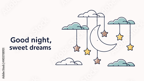 Good night, sweet dreams, night sky, crescent moon, stars, clouds, whimsical, illustration style, digital art
