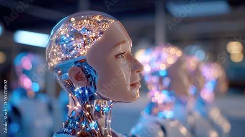 Futuristic humanoid robot with intricate details and glowing features.