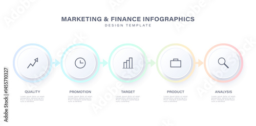 Round infographic elements with five steps or options. Marketing and business infographics with icons and space for data